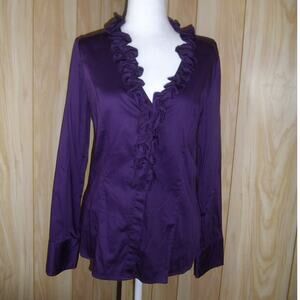 Fred David Stretch Purple Ruffled V-Neck Button-Down Long Sleeve Top M